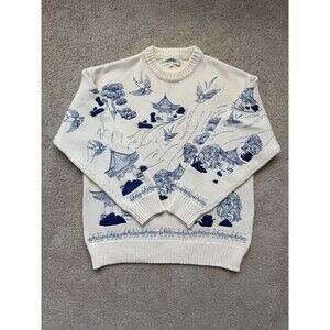 YITAI Unisex Cream Fine China Print Crew Neck Knit Sweater Size Large